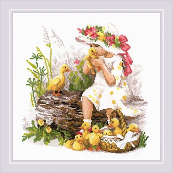 Stickbild 'Mädchen mit Entenküken', 30 x 30 cm