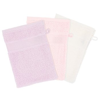 Gants de toilette en tissu éponge, lot de 3 pièces, écru/lilas/rose