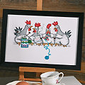 Tableau à broder "poules tricoteuses", 29 x 20 cm