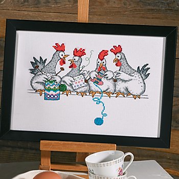 Tableau à broder 'poules tricoteuses', 29 x 20 cm