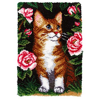 Tapis au point noué 'Chat dans le jardin', 50 x 74,5 cm