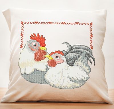 Housse de coussin à broder "coq & poule"