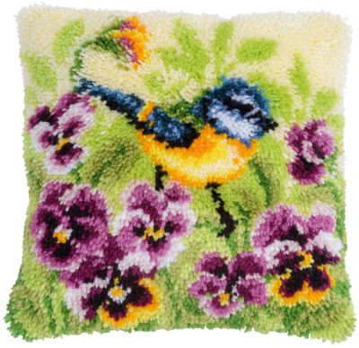 Knüpfkissen 'Kohlmeise & Stiefmütterchen'