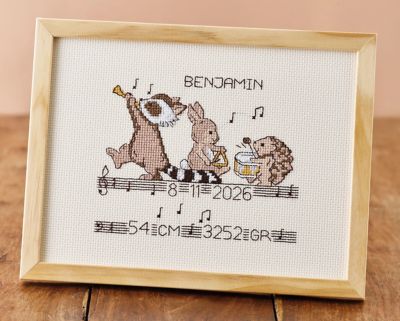 Tableau de naissance à broder 'musique et animaux', 24 x 18 cm