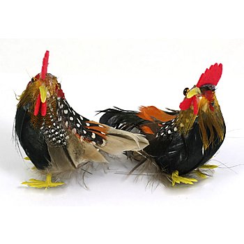 Coq et poule en plumes, 7 cm, 2 pièces
