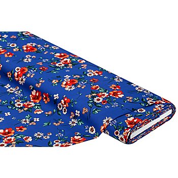 Tissu coton extensible 'fleurs', bleu/multicolore