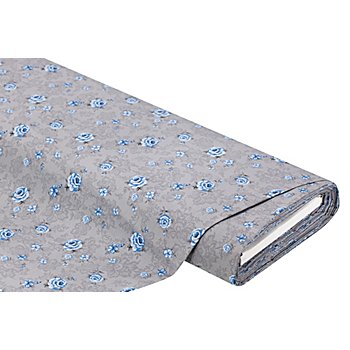 Tissu coton 'fleurs', argenté/bleu