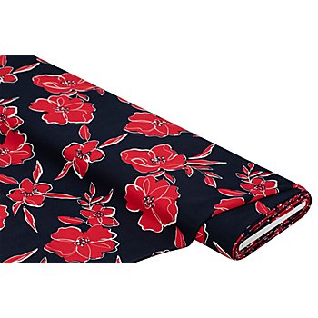Tissu viscose pour blouses / twill 'fleurs', bleu marine/rouge
