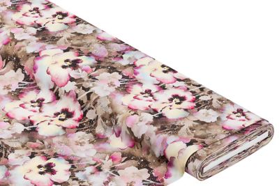 Tissu viscose pour blouses / javanaise « fleurs », marron/jaune/rose
