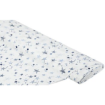 Tissu viscose pour blouses / javanaise « étoiles », blanc/bleu