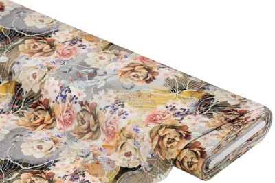 Tissu jersey à fines côtes « fleurs », impression numérique, beige / coloré