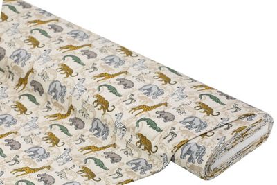 Tissu jersey de coton "animaux de safari" avec élasthanne, marron clair/multicolore