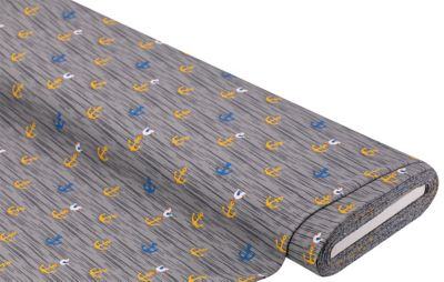 Tissu jersey en coton « ancres & mouettes », gris/multicolore