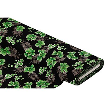 Tissu viscose pour blouses / javanaise 'fleurs', noir/vert