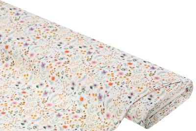 Tissu mousseline / double gaze "fleurs des champs", blanc délavé/coloré