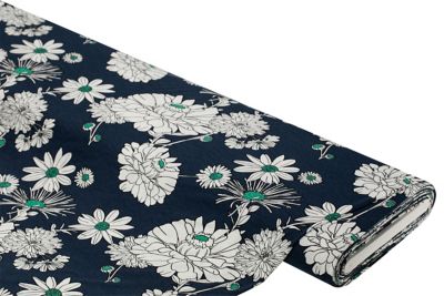 Tissu jersey de viscose "fleurs", bleu foncé/blanc délavé/vert