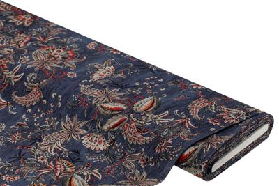 Tissu pour chemisiers en viscose / Javanaise "ornements floraux", bleu jeans