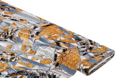 Tissu viscose pour chemisiers / javanaise "feuilles", bleu