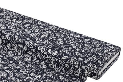 Tissu viscose pour chemisiers / twill "fleurs", bleu marine/blanc