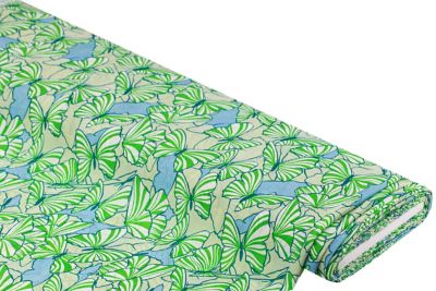 Tissu mousseline chiffon effet froissé "papillons", vert/coloré