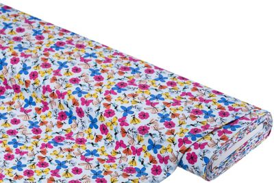 Tissu jersey de coton avec élasthanne "papillons et fleurs", bleu clair/coloré