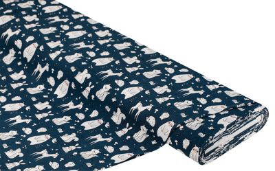 Tissu jersey de coton "animaux de la forêt" avec élasthanne, bleu marine/coloré