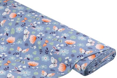 Tissu viscose / javanaise "papillons", bleu/coloré