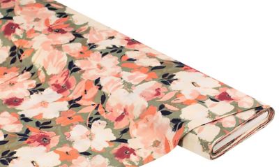 Tissu viscose / javanaise "fleurs aquarelles", vert olive/mauve