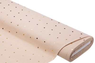 Tissu mousseline/double gaze 'cœurs', écru naturel/doré