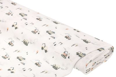 Musselin/Doppel-Gaze 'Baustellenfahrzeuge', weiß-color