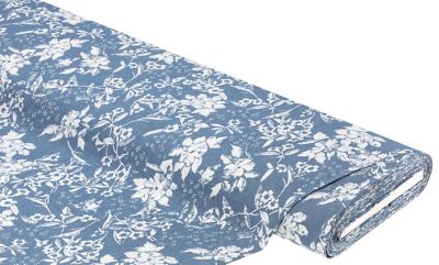 Leichter Jeansstoff (Hemdenjeans) 'Blumen', jeans/weiss