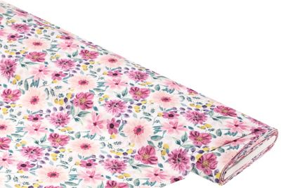 Tissu coton 'fleurs roses', blanc/coloré