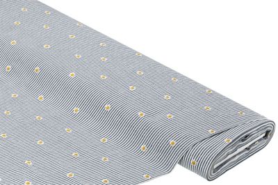 Baumwoll-Seersucker 'Streifen & Blumen' bestickt, blau/weiß