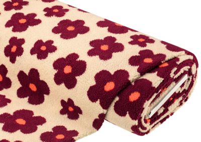 Tissu imitation fourrure d’agneau 'fleurs', écru naturel/coloré