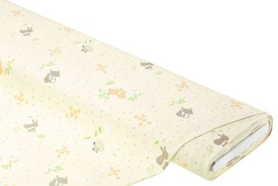 Tissu jersey de coton 'animaux de la forêt' avec élasthanne, écru naturel/coloré