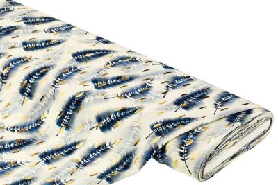 Viscose blousestof/Javanaise 'Bladeren', blauw-multicolor