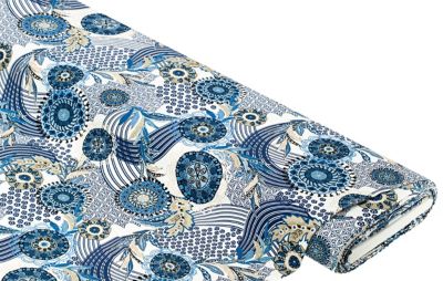 Viskose-Jersey 'Kreise & Blätter', weiß/blau