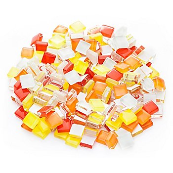 Tesselles en verre doux, tons jaunes/rouges, 10 x 10 mm, 200 g