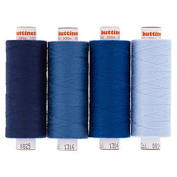 buttinette pack de fils à coudre 'tons bleus', grosseur : 100, 4x 500 m