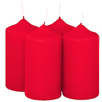 Bougies cylindriques, rouge, différentes hauteurs, 4 pièces