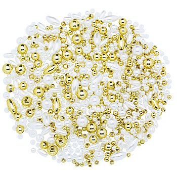 Set de perles, blanc et doré, 3 - 10 mm, 30 g