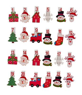 Chiffres pour calendrier de l‘Avent "Noël enfantin", en bois, avec pinces, 4,5 cm