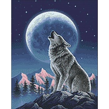 Kit broderie diamant 'loup par pleine lune', 38 x 48 cm