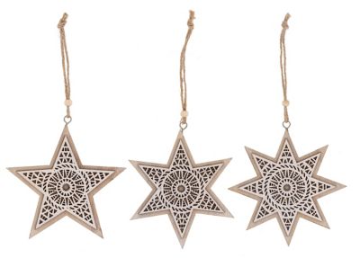 Étoiles à suspendre en bois, beige-blanc, 11,5 cm, 3 pièces