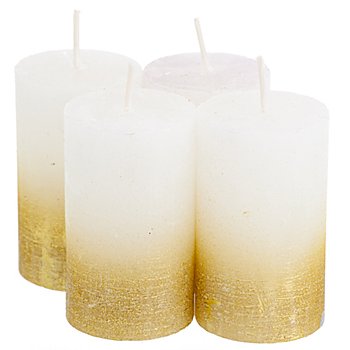 Rustikale Kerzen, weiß/gold-metallic, 6 cm Ø, 10 cm hoch, 4 Stück