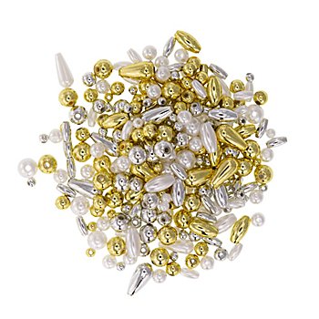 Perlenmischung, weiß-silber-gold, 4–12 mm, 80 g
