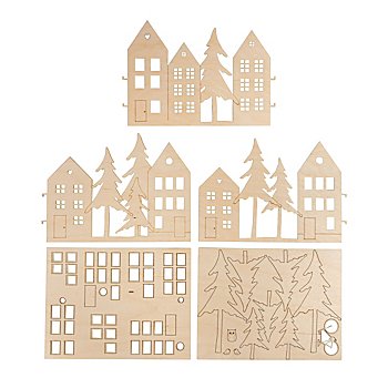 Présentoir de décoration en bois 'maisons', 64 pièces