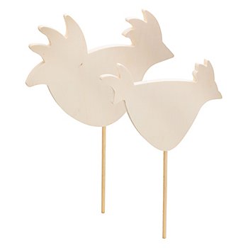 Hahn und Huhn aus Holz, mit Stab, 30 cm und 25 cm, 2 Stück