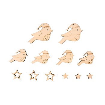 Formes en bois «oiseaux et étoiles», 2,5–4,3 cm, 12 pièces