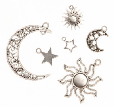 Hanger 'Zon, maan en sterren', zilver, 10–37 mm, 24 stuks
